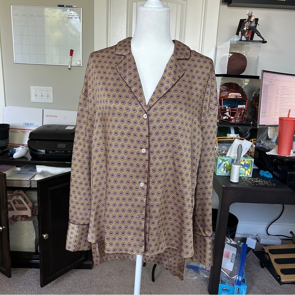 Zara Brown Patterned Button-Up Geometric Patterned Pajama Top Blouse Size Medium - Picture 3 of 11